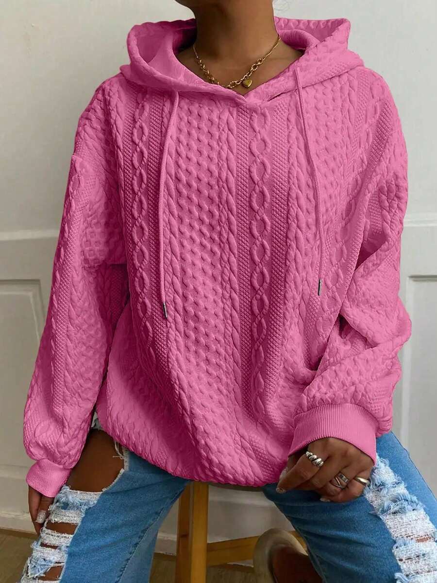 Plus Size Women Loose Casual Solid Color Jacquard Knit Long Sleeve Sweatshirt Spring - Rose Red - 1 - View 1