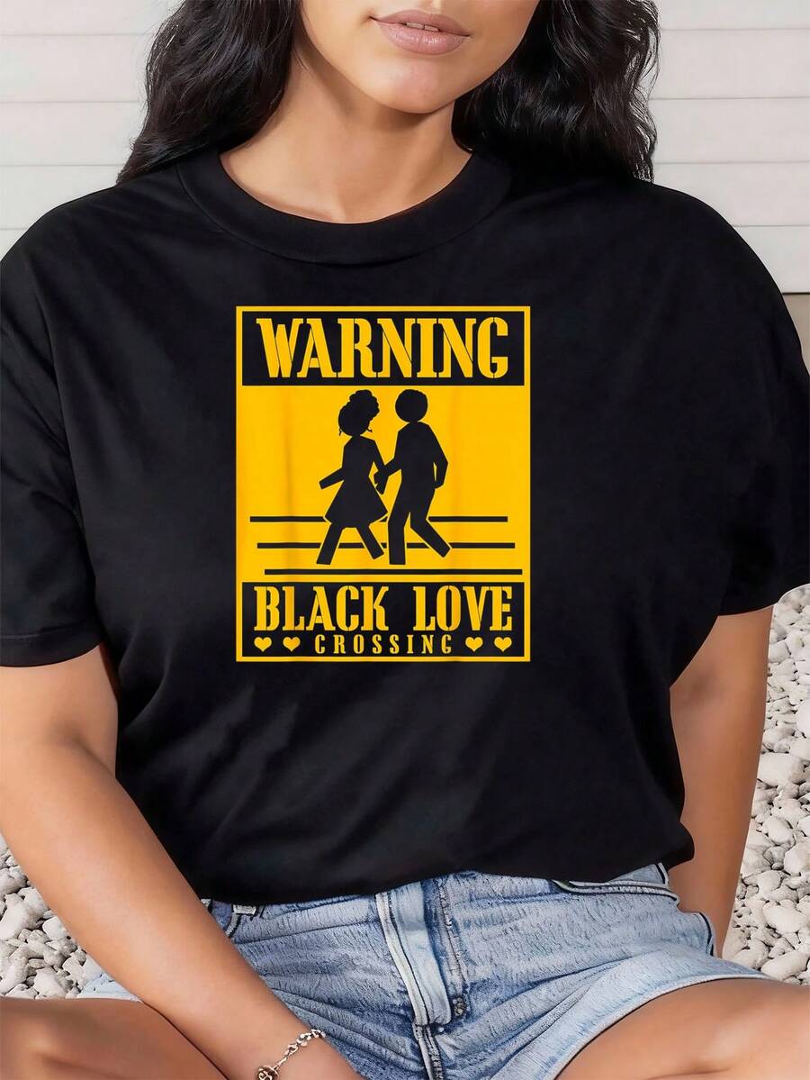 Warnung Schwarze Liebe Überqueren Schwarze Liebe Afroamerikanisches T-Shirt Grafik T-Shirts Frauen Crop Tops Sommer Outfits für Frauen Sommer Tops T-Shirt - Schwarz - Übersicht 1