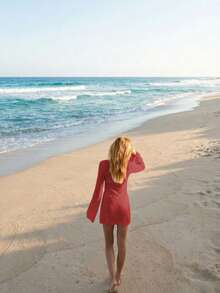 Sedessea 女士新款镂空性感沙滩度假休闲日常连衣裙，喇叭袖短款针织毛衣裙，春夏秋季 - 紅色 - 查看 3