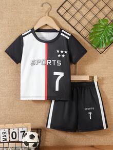 2pcs/Set Young Boy's Casual Sports Style Outfit, Black & White Contrast Color Block "SPORTS" Letter Striped Star Number "7" Graphic Round Neck Short Sleeve T-Shirt Paired With Loose Black Shorts, Football Uniform Set, Suitable For Outdoor, Back To School, Commute, Social Events, Spring/Summer