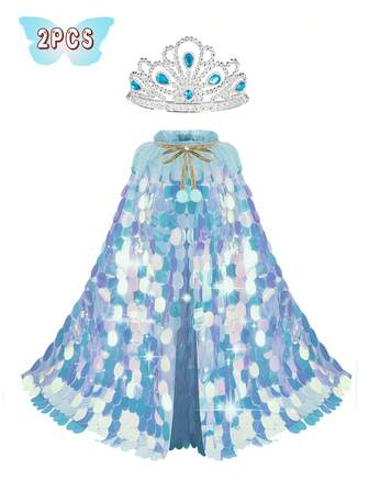 Set de 3 piezas/2 piezas - Capa de sirena con corona, set de corona con forma de corazón, capa de princesa de sirena con lentejuelas grandes, ropa de disfraz de princesa, ropa de disfraz, set de accesorios de princesa, muy adecuado para un set de regalo de princesa para una amiga, muy adecuado para disfrazarse, vacaciones, vestimenta diaria, Pascua, Halloween, fiesta, regalo, Acción de Gracias, vestimenta festiva.