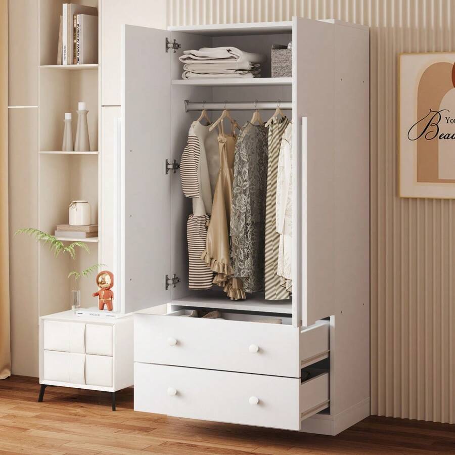 Wardrobe 70*40*170cm, Double Door Design, With Drawers And Shelves, White (Old SKU: LDB00307AAK) - 1 - View 1
