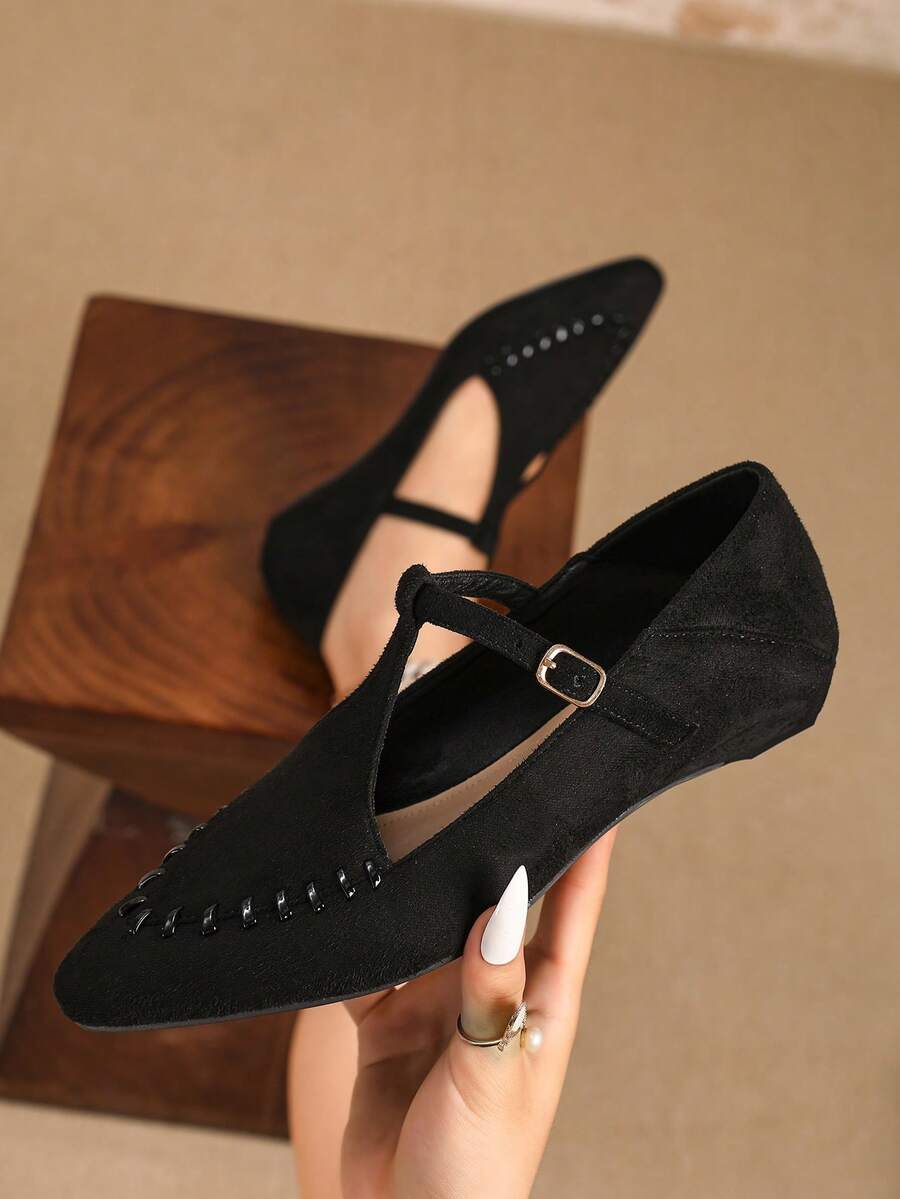 Giày bệt quai chữ T gót thấp dành cho nữ, Giày cao gót mũi nhọn cổ điển thanh lịch cho mùa xuân/thu, Giày bệt Mary Jane buộc dây, Giày lười thoải mái màu đen cổ điển tối giản, Giày bệt thường ngày có dây khóa đa năng - màu đen - Xem 1