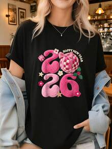 Happy New Year 2026 Yarn-Shirt         Graphic Tees Women Crop Tops Summer Outfits Women Summer Tops-Shirt - Black - View 8
