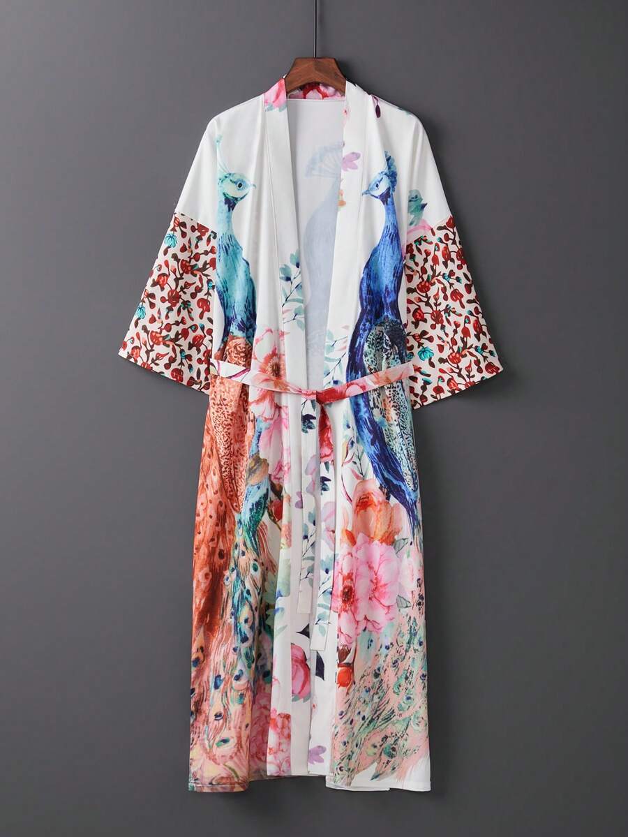 Oversized Retro Style Mid-Length Kimono Cover Up, Beach Cover Up Swimsuit Wrap For Plus Size, Summer - White - View 1