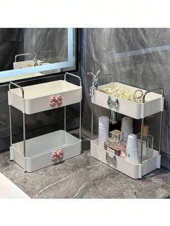 1个双层化妆品收纳盒，需自行组装，带兔子蝴蝶结装饰 - 多功能浴室收纳盒，塑料台面收纳盒，适用于梳妆台，节省空间设计，节日生日礼物，蝴蝶结装饰细节 | 浴室装饰及配件