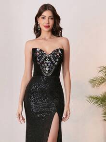 Đầm dạ hội màu đen cổ chữ V, xếp tầng, đính sequin và thêu, kiểu đuôi cá, xẻ tà. - màu đen - Xem 5