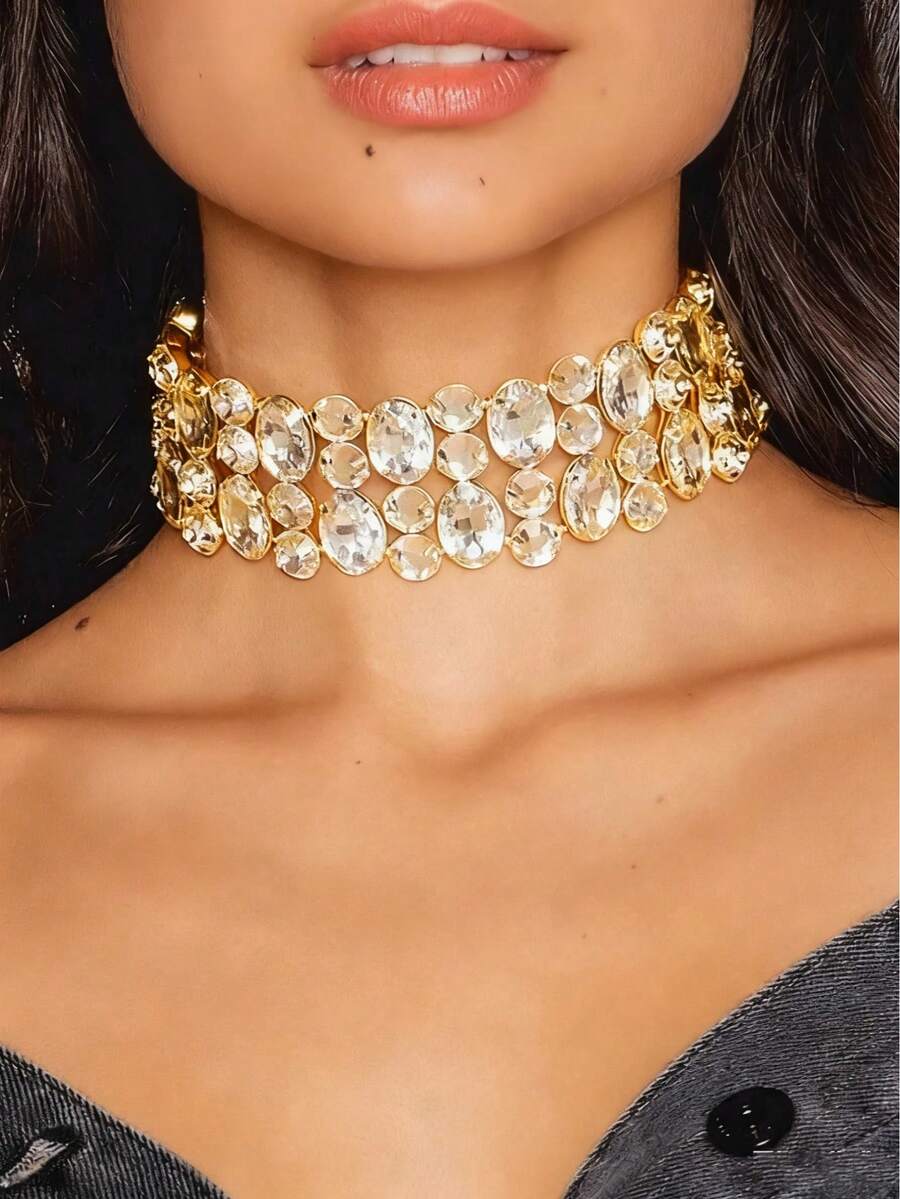 Multi-Layer Asymmetrical Crystal Necklace, Bridal Wedding Jewelry Accessory - Gold - View 1