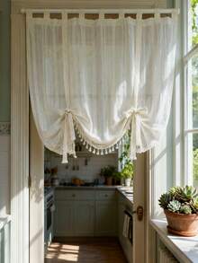 1Pc,Japanese-Style Vintage Striped Sheer Adjustable Lift Curtains With Crochet Lace Trim,Beige Linen-Look Semi-Transparent Tassel Pendants Short Curtains For Kitchen Home Room Dining Room - Beige - View 5