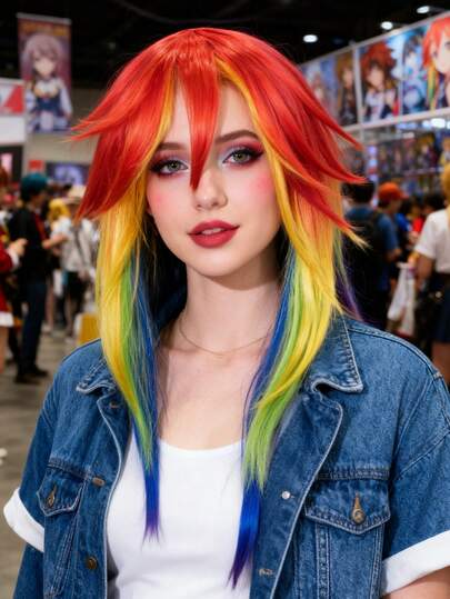 Perruque de cosplay anime synthétique longue et droite unique arc-en-ciel avec frange pour femmes et hommes, idéale pour l'utilisation quotidienne, Halloween, Noël, accessoires de cosplay, décorations de bar, club, rave, photographie, accessoires de scène, un excellent choix pour les cadeaux, vêtements, perruque amusante