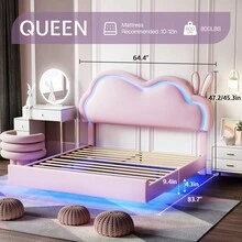 Floating Upholstered Bed Frame With LED Light, Cute Cloud Headboard For Girls, Sturdy Construction, Easy Assembly, No Box Spring Needed - Hồng - Xem 6