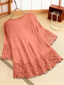 Women's Floral Embroidered Simple Casual Lace Blouse - Coral Pink - View 2