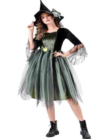In Stock Green Witch Dress, Woven Fabric Stage Performance Outfit For Halloween