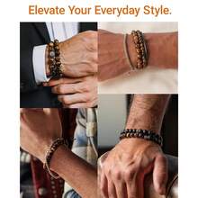 Mens Natural Stone Beaded Bracelets 8MM Stretch Adjustable Tiger Eye, Matte Agate, Lava Rock Beaded Bracelet Set For Men Gifts,3 - 3 - 查看 4