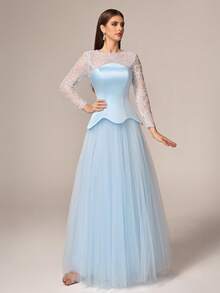 VIPGIRL Elegant Luxury Women's Formal Dress, Round Neck Lace Sleeves, Contrast Color Flared Mesh Dress, Valentine's Day Party - Baby Blue - View 5