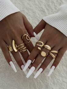 5件/6件/7件套简约优雅奢华不对称几何交叉镶钻复古光滑戒指套装，女士适用，适合派对、聚会、送礼