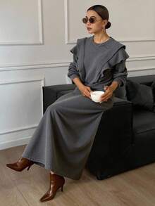Livesso Women's Loose Straight Dress With Layered Ruffle Shoulder, Solid Color Casual Thickened Fleece Sweater Dress Maxi Dress - Grey - View 1
