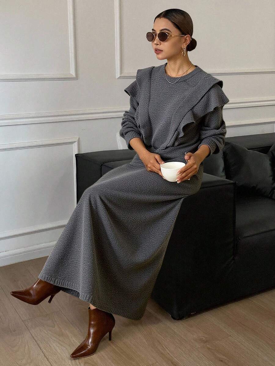 Livesso Women's Loose Straight Dress With Layered Ruffle Shoulder, Solid Color Casual Thickened Fleece Sweater Dress Maxi Dress - Grey - View 1