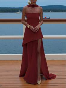 这款魅力十足的纯色休闲优雅不对称连衣裙，适合晚宴、假日、婚礼、生日、正式晚宴、返校派对、单身派对等场合。 - 酒紅色 - 查看 7