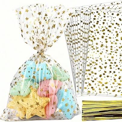 10/20/50pcs, Gift Wrap Cellophane Snack Bags Party Favour Bags Transparent Candy Biscuit Bags Plastic Polythene Gift Storage Bags With Twisted Tie, Suitable For Bakery, Birthday, Wedding, Party Decoration, Eid Mubarak