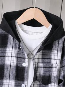 Young Boy Casual Plaid Print Patchwork Button Hooded Shirt And Sweatpants Set