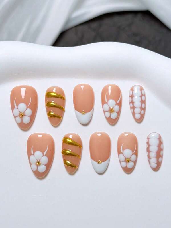 10pcs Short Almond Nude & White Elegant French Handmade Nails, Simple White Print, Gold Decorative Embellishment, Nail Supplies, Homemade Nails DIY Press On Nails Nail Art Acrylic False Nails; Suitable For Holiday, Parties, Daily Wear