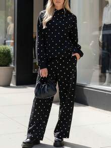 Polka Dot Sweat Set For Women Two Piece Bow Print Tracksuit Long Sleeve Hoodie Wide Leg Sweatpants 2 Piece Outfits - Black - View 2