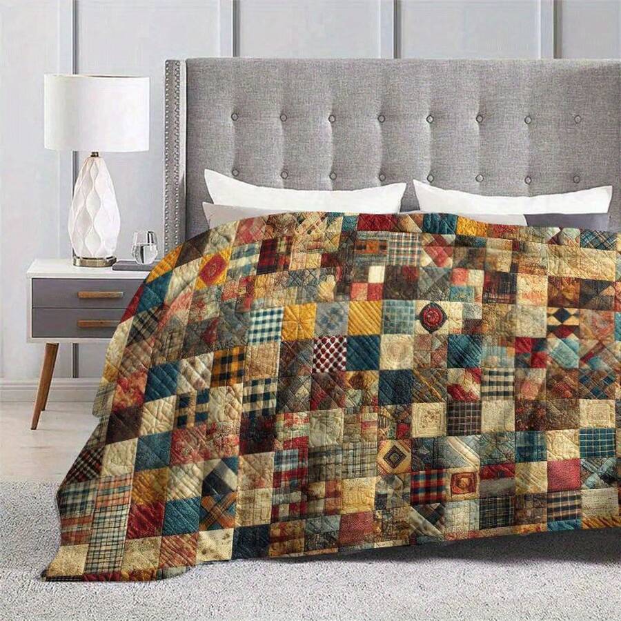 1 Piece Large Patchwork Quilted Blanket - Soft Flannel Four Seasons Bedspread, Colorful Plaid And Diamond Pattern, Brown/Blue/Red/Black/Beige/White/Grey - Lightweight Suitable For Sofa, Bed, Travel, Office - Ideal Gift And Home Decoration, Modern Style, Warm Earth Tone Vibrant Patchwork Design, Suitable For Home, Travel Or Gift Giving, Made Of Comfortable Flannel Fabric, Blanket, Queen Size Bed Blanket, Cartoon Blanket - 花色 - 查看 1