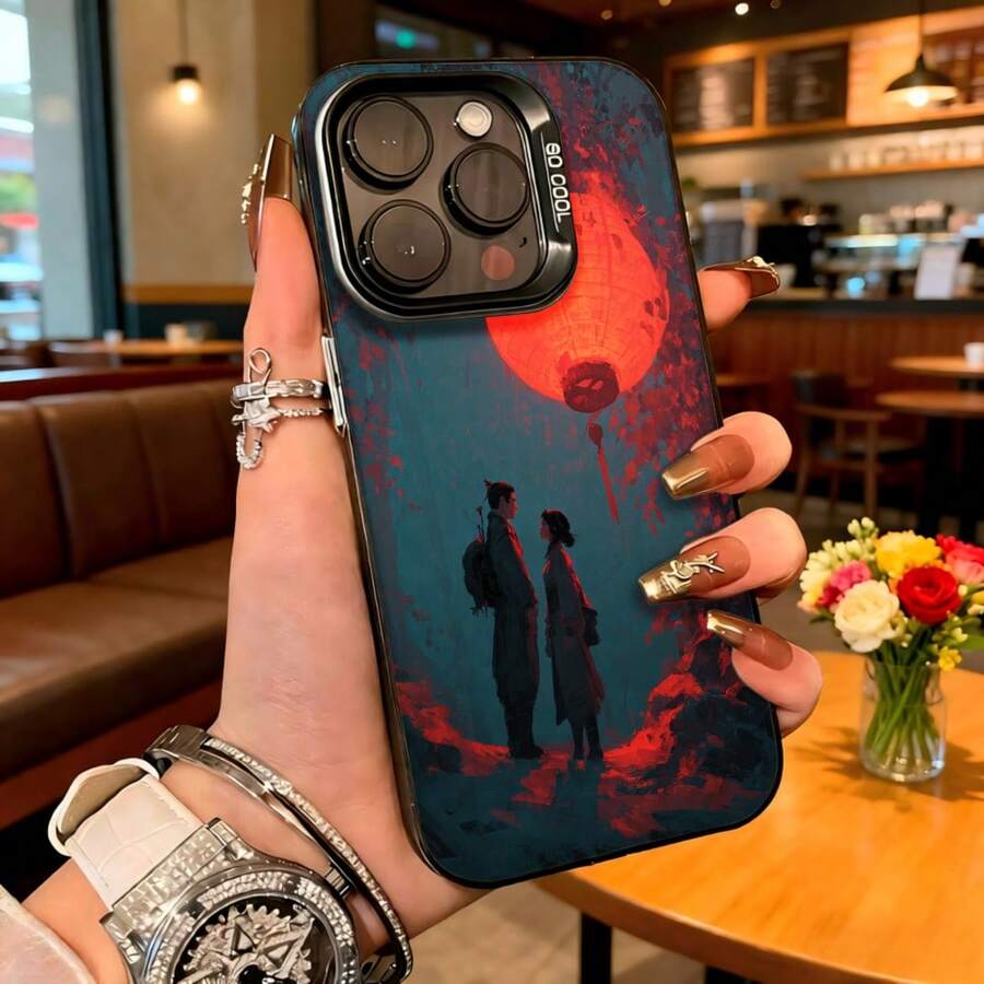 Cubierta de telefono para iPhone con diseño de pareja bajo luna roja color azul oscuro y rojo estampado artístico para uso diario en cafeterias y salas de estar - Blanco - Ver 1