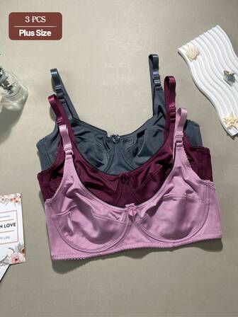 3pcs/Set Solid Color Casual - Comfortable Minimalist Casual - Sports Knit Fabric Bow Front Plus Size Bras