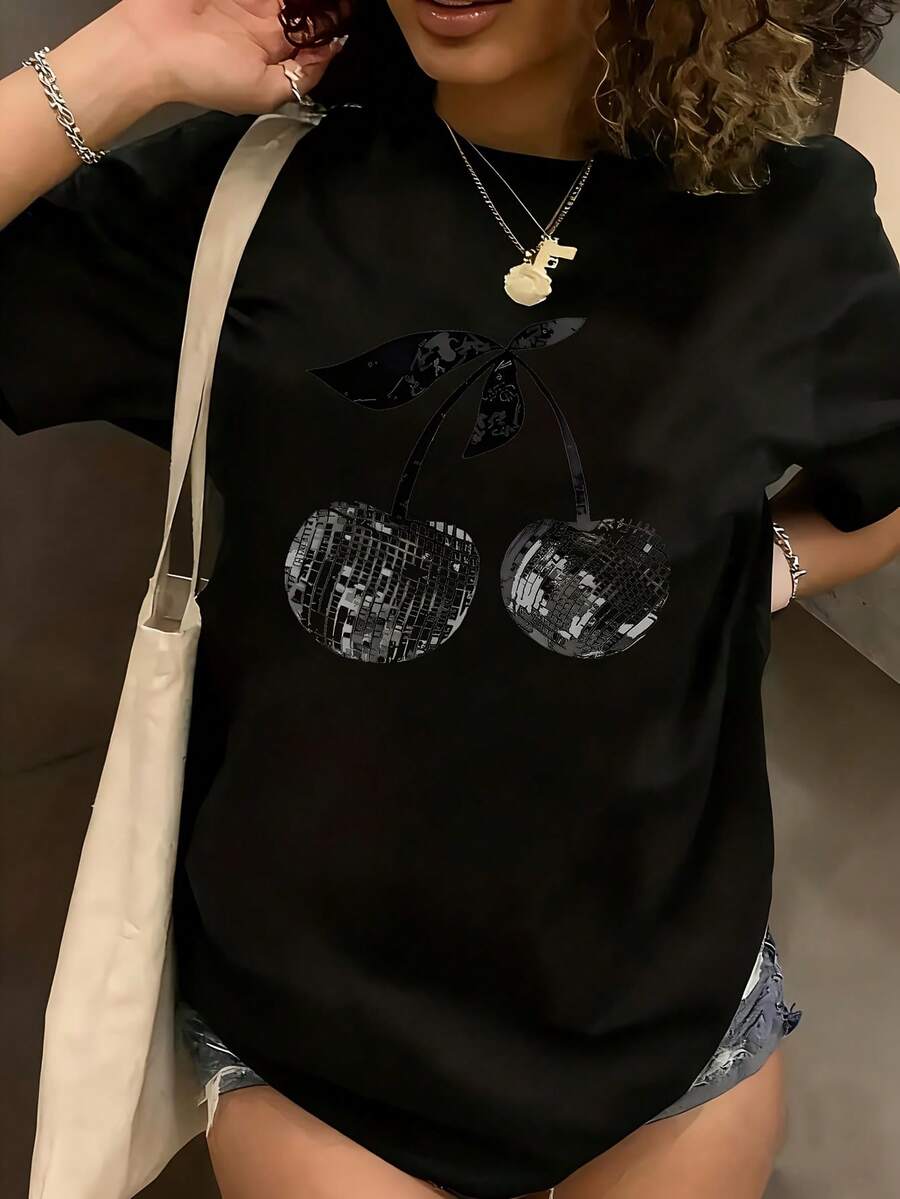 Cherry Print Women's Plus Size T-Shirt Shirt Casual 220g Funny Oversized Graphic Short Sleeve 1 Pcs Tee Novelty Crew Neck Top 100% Polyester - 黑色 - 查看 1
