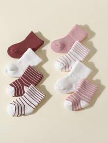 8 Pairs Newborn Baby Socks, Solid Color & Striped Mid-Calf Socks, Suitable For Everyday Wear