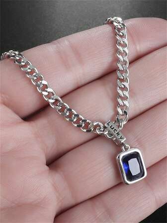 1件复古蓝色立方氧化锆吊坠项链，优雅男女皆宜的订婚/派对/日常佩戴项链礼物