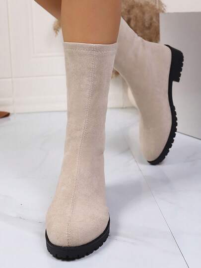 Cizme clasice pentru femei până la jumătatea gambei, cizme noi de toamnă/iarnă cu toc gros, culoare solidă, până la jumătatea gambei