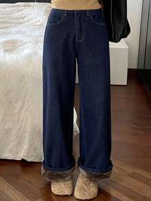 Livesso 女士直筒休闲保暖牛仔裤，冬季款 - 中等水洗藍 - 查看 3