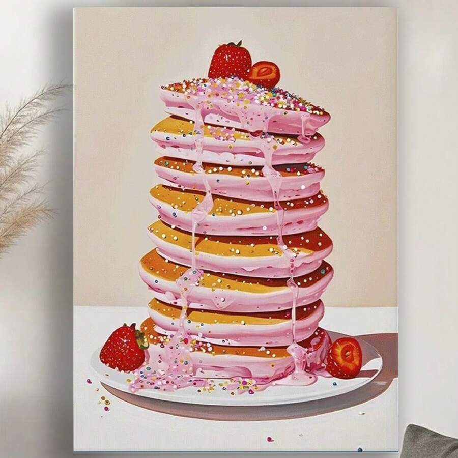 Framed Canvas Wall Art Included, Home Decor, Pink Pancakes With Strawberries& Sprinkles, Vintage Food Art Print, Aesthetic Kitchen Decor, For Living Room Bedroom, Art& Crafts Material, Pink Kitchen Dining Dessert Shop Decor, Food Theme, Artwork Art Artistic Drawing Wall Art Canvas Print Wall Art, Prints Stuff Birthdays,Valentine's Day, Mother's Day, New Year, Halloween,Thanksgiving Day, Christmas, Easter For Living Room, Bedroom, Kitchen,Restroom Decoration - Đóng khung - Xem 1