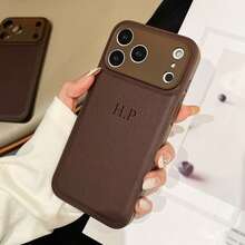 Luxury Letter Elements PU Leather 1 Pc Customized Personalized Name Brown Phone Case Compatible With IPhone 13 14 15 16 17 Pro Max Plus 17 Air 3D DIY Engraved Letters Initials Name Shockproof Case Festival Gifts For Couple Friends Family Yourself Travel Organizer Birthday Anniversary Gift - Brown - View 4