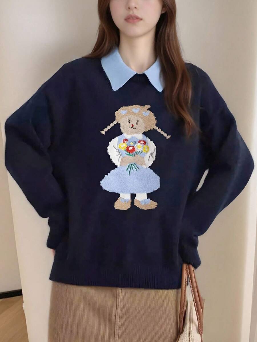 Women's Autumn/Winter Pullover Sweater, Colorblock Collar, Graphic Design - Navy Blue - View 1