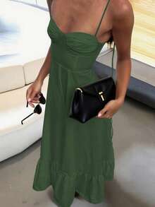 Women's New Sleeveless Tie Strap Elegant Beach Off-Shoulder Loose Maxi Dress, Bohemian Sexy Open Back Casual A-Line Sundress, Spring/Summer/Autumn - Dark Green - View 3