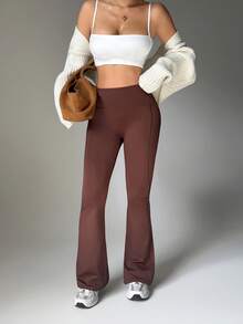 Elegant Winter Flare Pants, Slimming And Lifting, Elongating Leg Lines, Stretchy Fitted Cut, Suitable For Conservative Commuting Wear. Exquisite High-Waisted Design, Shaping And Fitting, Flare Leg Style Elongates Legs. Women's Winter High-Waisted Flare Pants - Brown - View 4