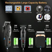 HIENA 专业男士理发器和剃须刀套装，3 件/2 件/1 件可选，USB 充电式无线理发工具，带 LED 显示屏，锂电池，迷你机器，适合初学者理发师和家庭使用，节日馈赠佳品 - 黑色 - 查看 8