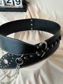 1pc Rhinestone Chain Combination Wide Waist Belt, Original Curved Hook BB Flashy Y2K Fashion PU Leather Wide Belt, Suitable For Music Festivals, Halloween, Christmas And All Holidays As Well As Daily Use - Multicolor - View 8