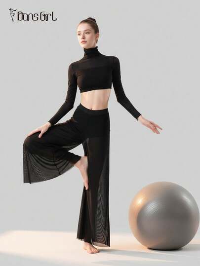 DonsGirl Women's Turtleneck Crop Top & Ultra-Soft Elastic Mesh Wide Leg Pants Set- Versatile Black Outfit For Aerial Yoga, Contemporary/Classical Ballet Dance Performance Costume