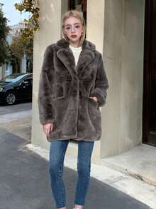 FHILLINUO 女士灰色仿毛皮外套，长袖翻领，及大腿长度，带口袋，无弹力面料，冬季保暖，适合圣诞节、新年及其他场合。 - 灰色 - 查看 2