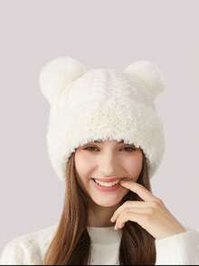 1pc Women's Cute Winter Pom-Pom Knit Hat, Retro Thickened Twisted Pom-Pom Earmuff Hat, Solid Color Casual Elegant Bohemian Street Style, Polyester Material, Autumn And Winter Style - 彩色 - 查看 6