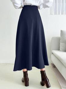 藏蓝色拉链后背宽松A字喇叭长裙，休闲日常穿着，通勤上班，秋冬女装 - 寶藍色 - 查看 2