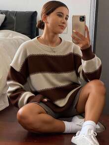 Livesso 女士条纹宽松长袖圆领毛衣，长袖上衣，秋季女装 - 棕色 - 查看 3