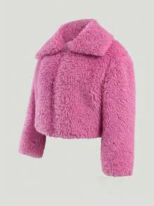 Tricou elegant și la modă pentru femei, stil universitar, simplu, stilat, casual și versatil, cu mânecă lungă, roz, ondulat, cu rever rafinat din imitație de lână, design cu fermoar central în față, rezistent la vânt pe spate, material din imitație de blană, potrivit pentru Halloween, Ajunul Crăciunului. - Roz - Vizualizare 2