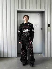 1件男女通用休闲宽松阔腿牛仔裤，美国街头服饰品牌设计（不含腰带和配饰） - 黑色 - 查看 5