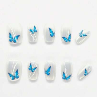 10片装美甲贴片，短款棺材形美甲贴片，白色蝴蝶图案，配3件美甲工具和胶水，适合女性和女孩在派对、旅行、日常上学、夏季、度假、音乐节等场合佩戴。